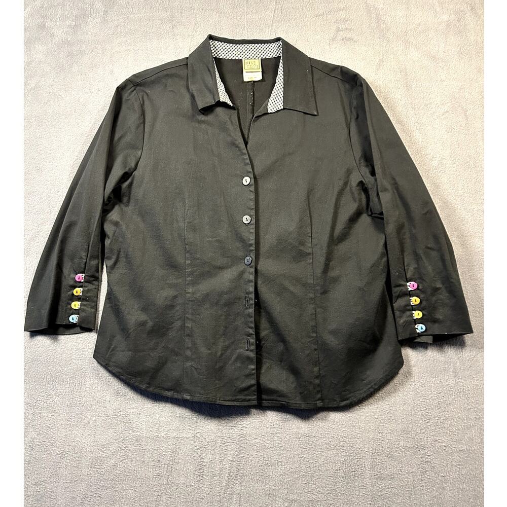 Pine Cove Size 14 Black Colorful Button Cuff 3/4 Sleeve Collard Blouse Top Shirt